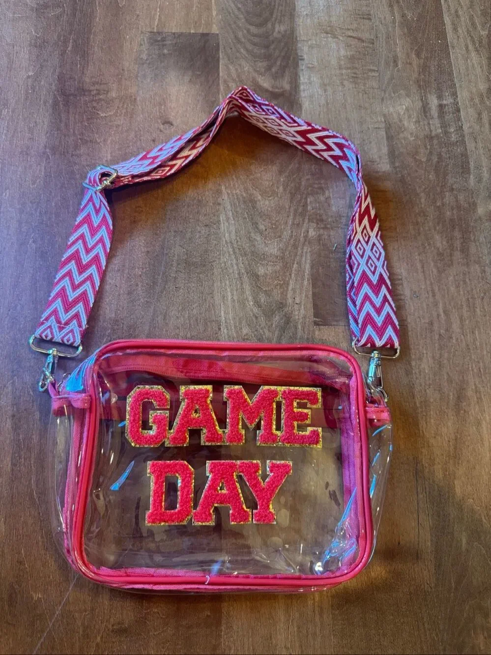 Game Day Clear Stadium Crossbody Bag Red White Chenille Adjustable Strap NEW